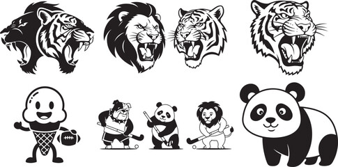 Vector set of roaring tiger and lion heads, ice cream mascot, and animal hockey players, black and white illustration isolated on white