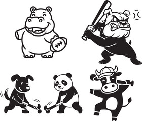 Vector cartoon animal sports characters: hippo playing football, bulldog baseball, dog and panda hockey, cow dancing, isolated on white