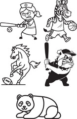 Cartoon vector black and white sports characters: nurse baseball, zebra basketball, horse football, bulldog baseball, panda isolated on white