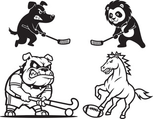 Vector black and white animal sports mascots: dog playing hockey, panda with stick, bulldog with field hockey stick, horse playing football, isolated on white