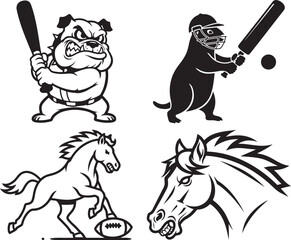 Sports Mascot Vector Set: Bulldog Baseball, Meerkat Cricket, Horse Football, Horse Head Logo, black and white isolated on white