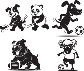 Vector set of cartoon animals playing sports: dog with hockey stick, panda with hockey stick, dog playing soccer, bulldog with football, ram playing soccer, isolated on white