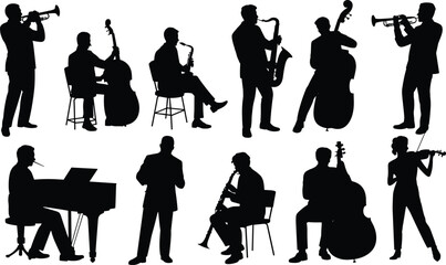 Jazz musician silhouettes playing instruments, saxophone trumpet piano violin bass, orchestra band performance, music concert, black vector illustration, set, art © Mst