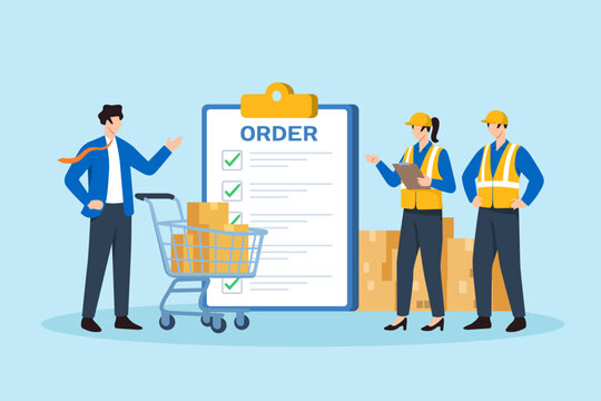 Flat illustration of businessman coordinating order checklist review beside shopping cart for warehouse team support