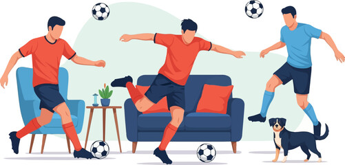 Men playing soccer indoors with a dog, furniture, and plants