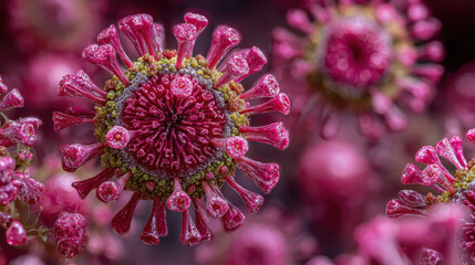 Close-up detailed illustration of red and pink viral particles with spike proteins and textured surface floating in a blurred background representing microscopic virus cells in 3D