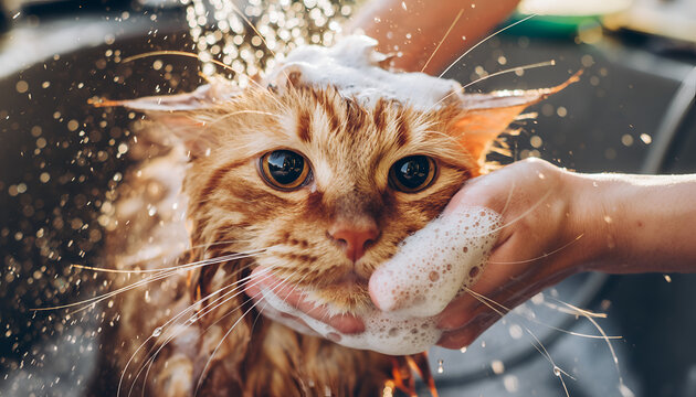 Close-up of a wet orange cat being bathed with soap and water.