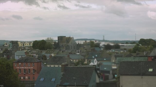The rooftops of Kilkenny, Ireland, historic medieval village skyline and Saint Canice's Cathedral