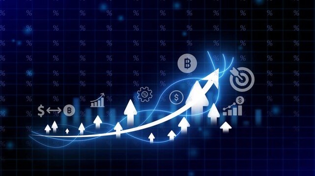 Business Growth Success Concept with Arrows and Graphs on Dark Blue Background with Percentage Signs