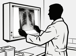 Medical Professional Examining Chest X-ray Image on Lightbox in Clinical Setting