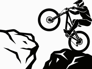 Mountain Biker in Mid-Air Jump Over Rocky Terrain Illustration Vector Graphic