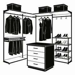 Illustration of a person organizing clothes on a storage rack system with shelves and drawers in a modern closet