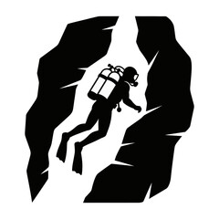 Scuba Diver Exploring Underwater Cave Silhouette Vector Illustration