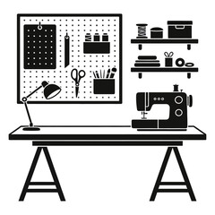 Sewing workspace with pegboard, sewing machine, and various sewing tools on a desk, vector illustration.