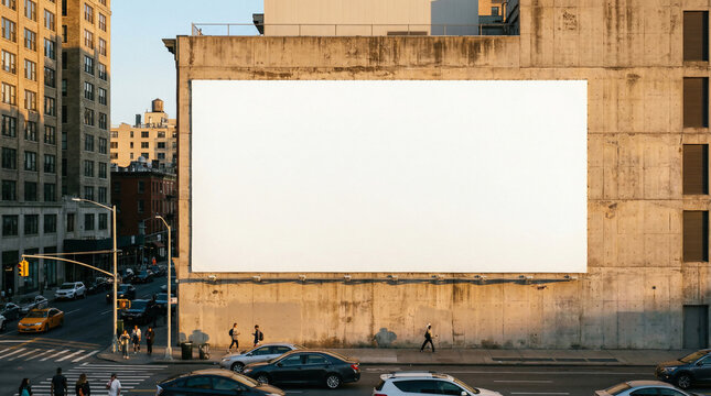 A large blank billboard is mounted on the side of a concrete building in a city, with a street and cars in the foreground