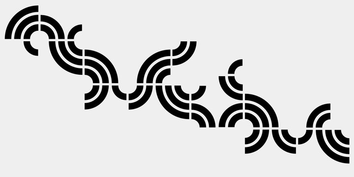 Abstract poster, pattern, ornament, composition of quarters of circles. Three bold black stripes create a dynamic geometric retro design on a light gray background. Monochrome linework going down.