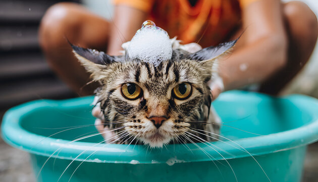 Close-up of a wet tabby cat with shampoo foam on its head being bathed in a blue basin.