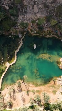 Vertical aerial of Wadi Bani Khalid oasis with turquoise water and palm trees in the Sultanate of Oman.