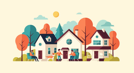 Minimalist autumn scene depicts three houses with people and dog