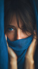 Young woman with intense blue eyes partially covered face with blue fabric close-up portrait soft light natural skin freckles