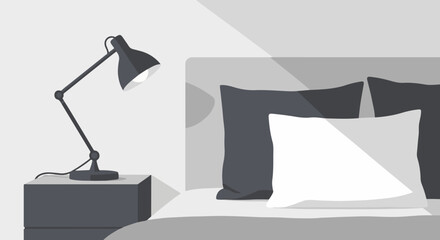 Minimalist bedroom scene with a lamp illuminating pillows on a bed