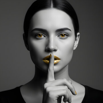 Black and White Portrait with Gold Eyes, Gold Lips and Gold Nail