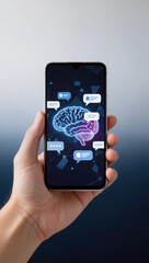 A hand holding a smartphone with a glowing digital brain and chat icons, ideal for illustrating AI technology and digital communication.