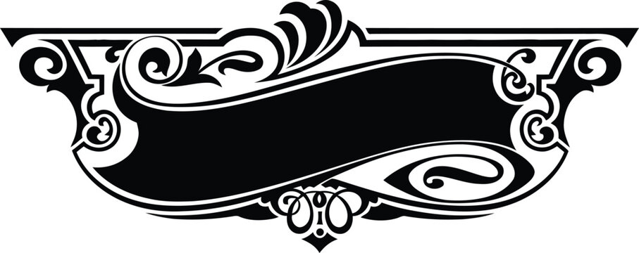 Decorative vintage ribbon banner with ornate floral scrollwork and filigree frame for luxury label design.