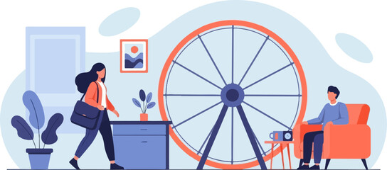 Minimalist flat illustration of a Ferris wheel with two people indoors
