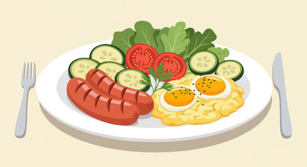 Hearty breakfast plate with sausages, fried eggs, and fresh vegetables