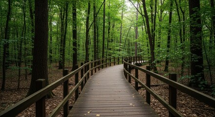 Obraz premium Wooden walkway through a lush green forest with tall trees and sunlight