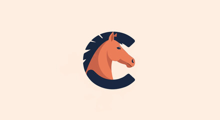 Minimalist illustration of a horse head emerging from a dark blue circle