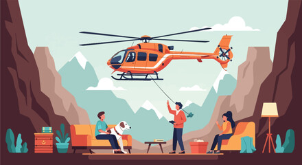 Naklejka premium Helicopter rescue operation in a scenic mountain landscape with people and animals