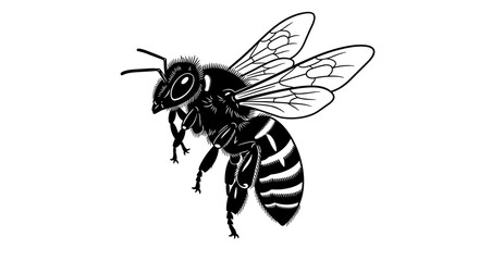 Detailed Illustration of a Flying Bee in Black and White.