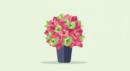 Minimalist illustration of a potted bougainvillea plant with pink and green flowers