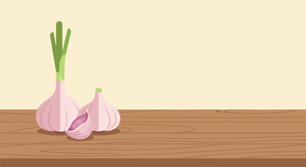 Minimalist illustration of garlic bulbs and a clove on a wooden surface