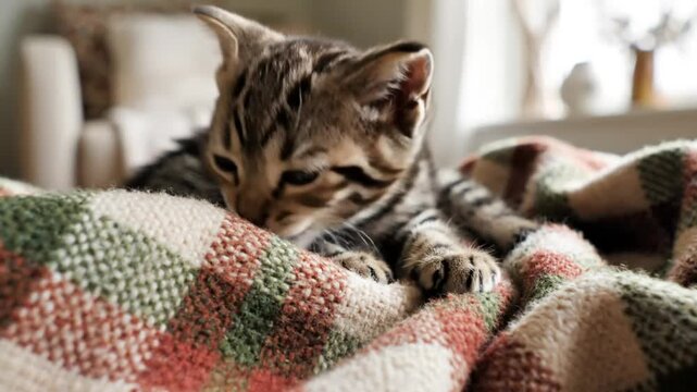 Adorable tabby kitten cleans paws and face while lying on a cozy knitted blanket inside a home