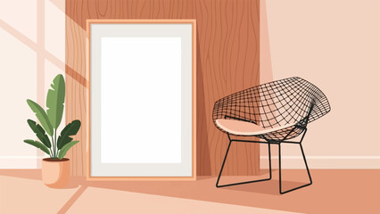 Minimalist interior scene with a blank picture frame, a chair, and a plant