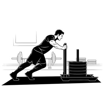 Determined athlete performing intense sled push exercise during a strength training session at the gym, showcasing dedication to fitness