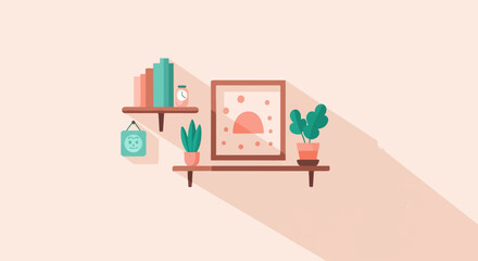 Minimalist interior with plants, books, and art on shelves