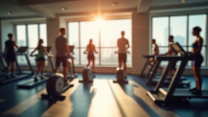 Fototapeta premium blurred busy gym interior with people exercising on cardio machines and weights sunlight streaming through large windows energetic fitness environment 