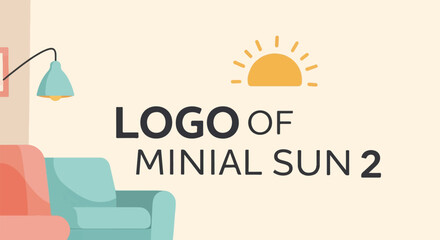 Minimalist living room with two armchairs and a lamp next to a sun logo