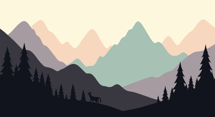 Minimalist mountain range with trees and a lone deer silhouette