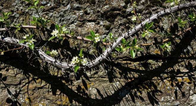 Close up of thorny vine with small white flowers growing on textured surface