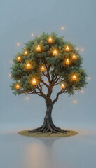 Marketing automation rentention concepts. Glowing magical tree symbolising marketing automation retention success growth with warm light bulb leaves shining bright on calm blue abstract background