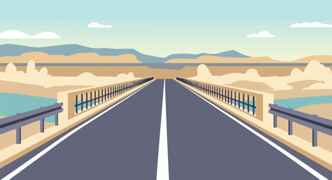 Flat illustration of a highway crossing a river, with arid landscape