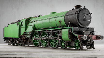 Obraz premium A vintage green steam locomotive on a gray background