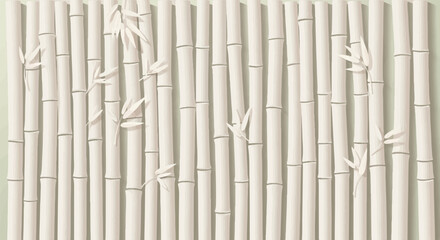 Fototapeta premium Pale bamboo stalks create a vertical pattern with subtle leafy accents