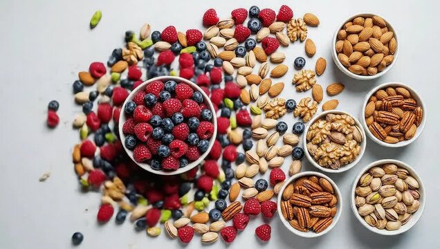 Top Down Stop Motion of Assorted Healthy Snacks with Berries and Nuts 4k Video