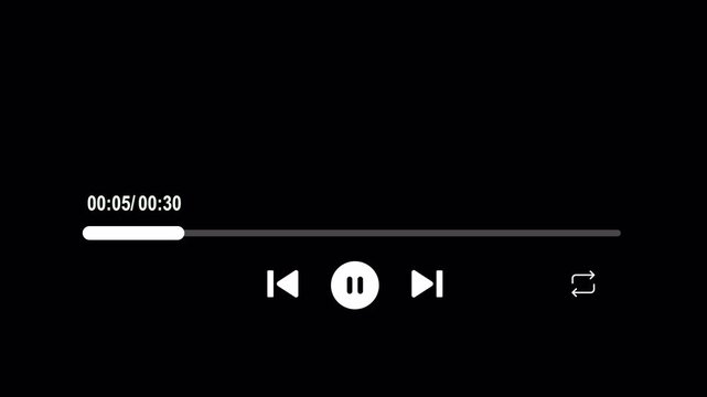Audio music timeline bar animation on transparent background, Video music multimedia player with alpha channel, Thirty second videotimeline progress bar
